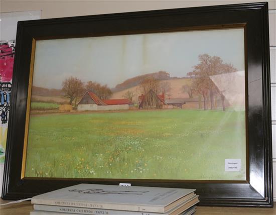 I. Kirkpatrick colour print landscape with farm and barn, 16 x 24in.